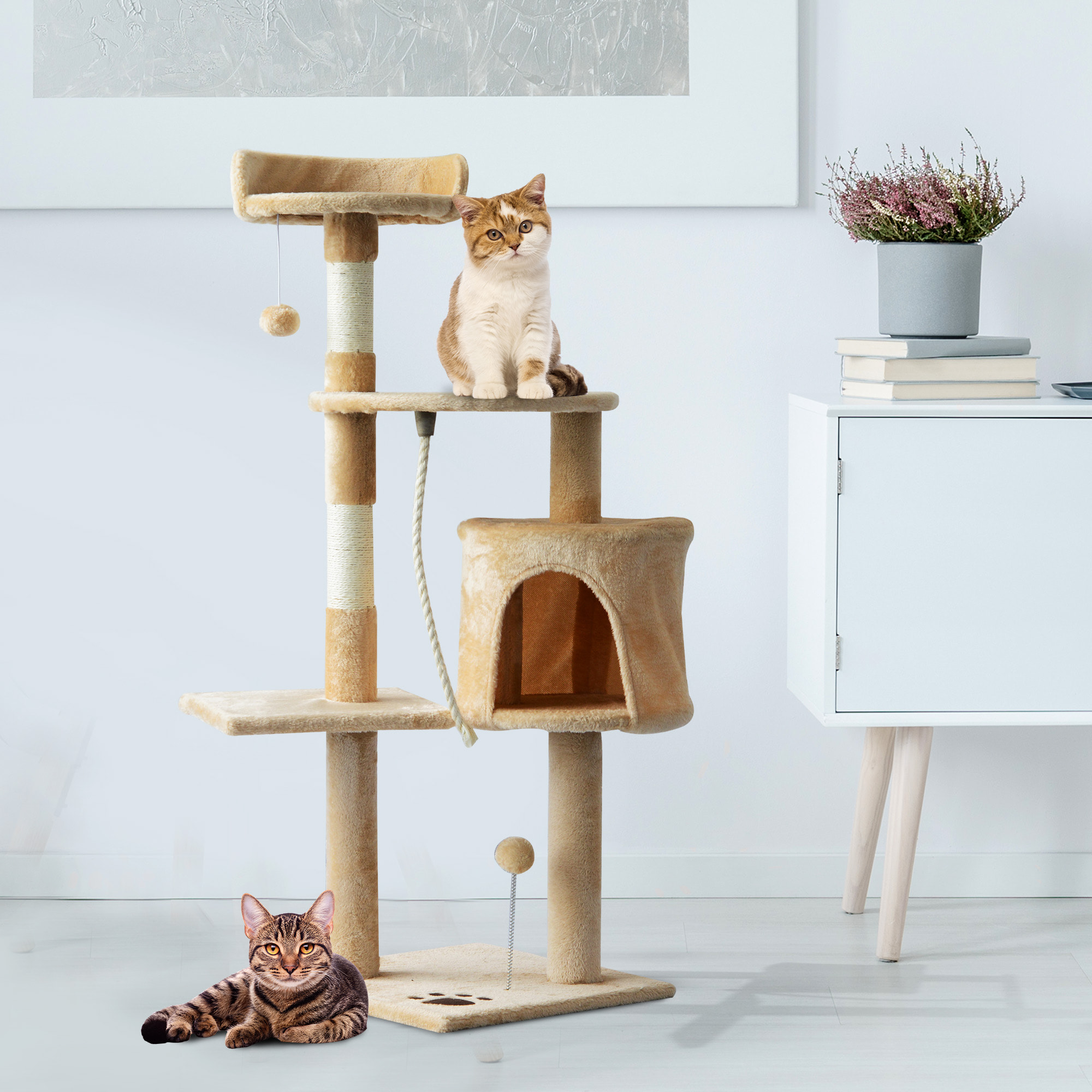 Arbre à chats multi-équipements griffoirs grattoirs plateformes niche corde jouets 40L x 40l x 114H cm beige