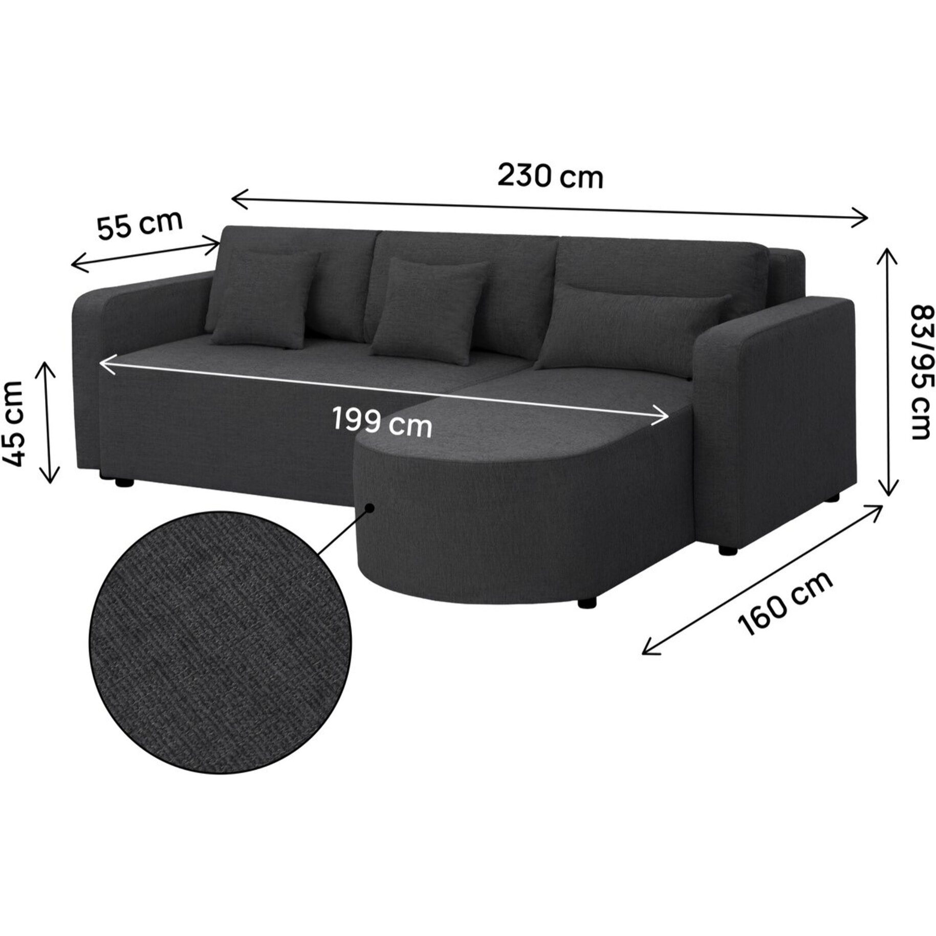 Canapé d'angle convertible/réversible en tissu "Charles" - 3 places - Noir