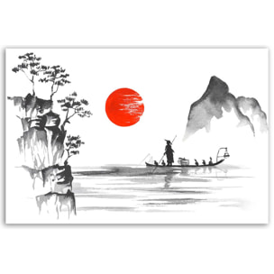 Tableau pêcheur au soleil rouge Toile imprimée