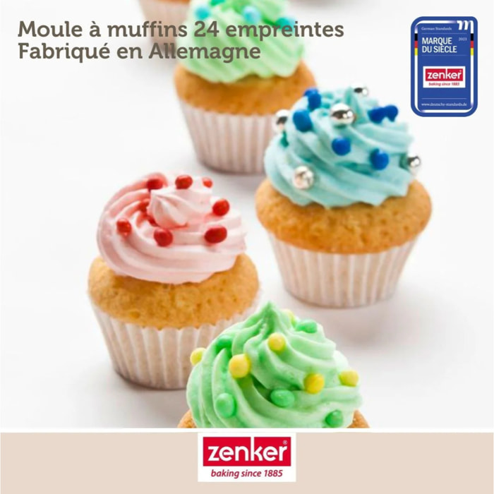 Ensemble comprenant 1 moule muffin 24 empreintes, 1 spatule Zenker et 2 bols à mixer en inox Fackelmann