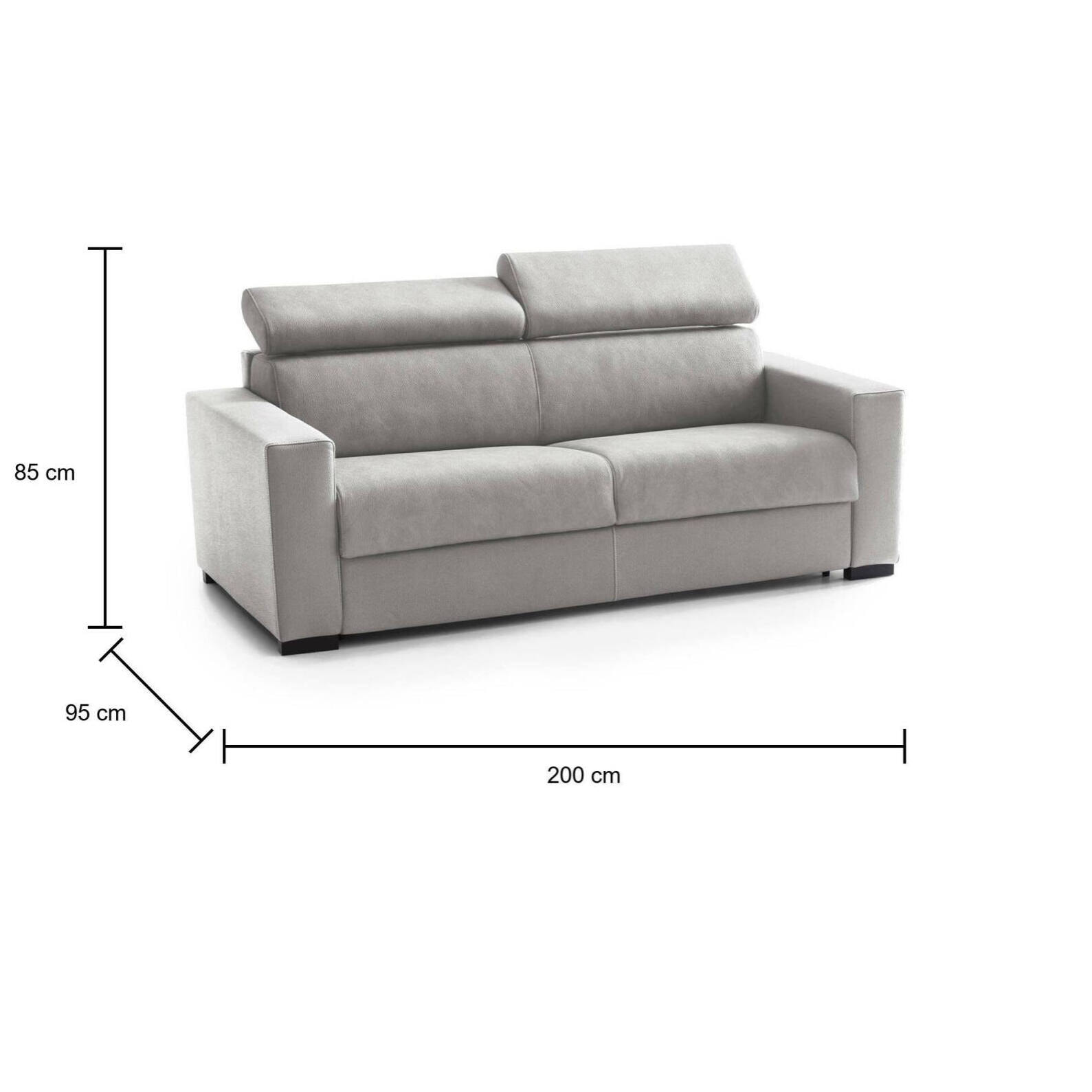 Divano Letto Aisha, Divano a 3 posti, 100% Made in Italy, Sofà Soggiorno con apertura girevole, con poggiatesta regolabili e Braccioli slim, Cm 200x95h85, Grigio