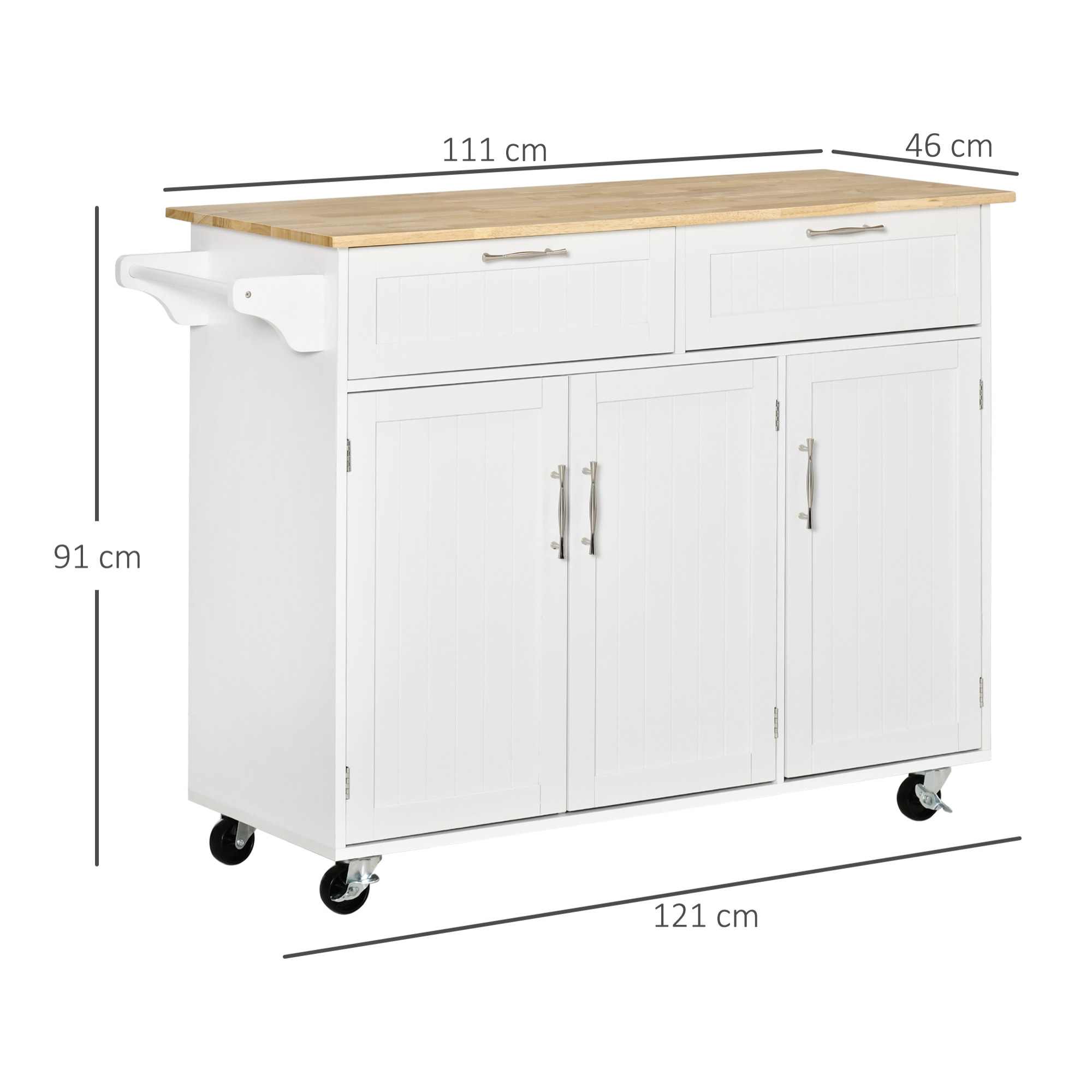 Isla de Cocina con Ruedas Carro de Cocina Mueble Auxiliar de Cocina con 2 Cajones 3 Puertas y Barra Lateral para Comedor 121x46x91 cm Roble y Blanco