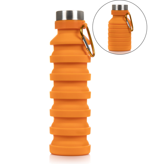 Bottiglia sportiva pieghevole in silicone. 470 a 550ml, senza BPA, tappo a vite in acciaio inossidabile.