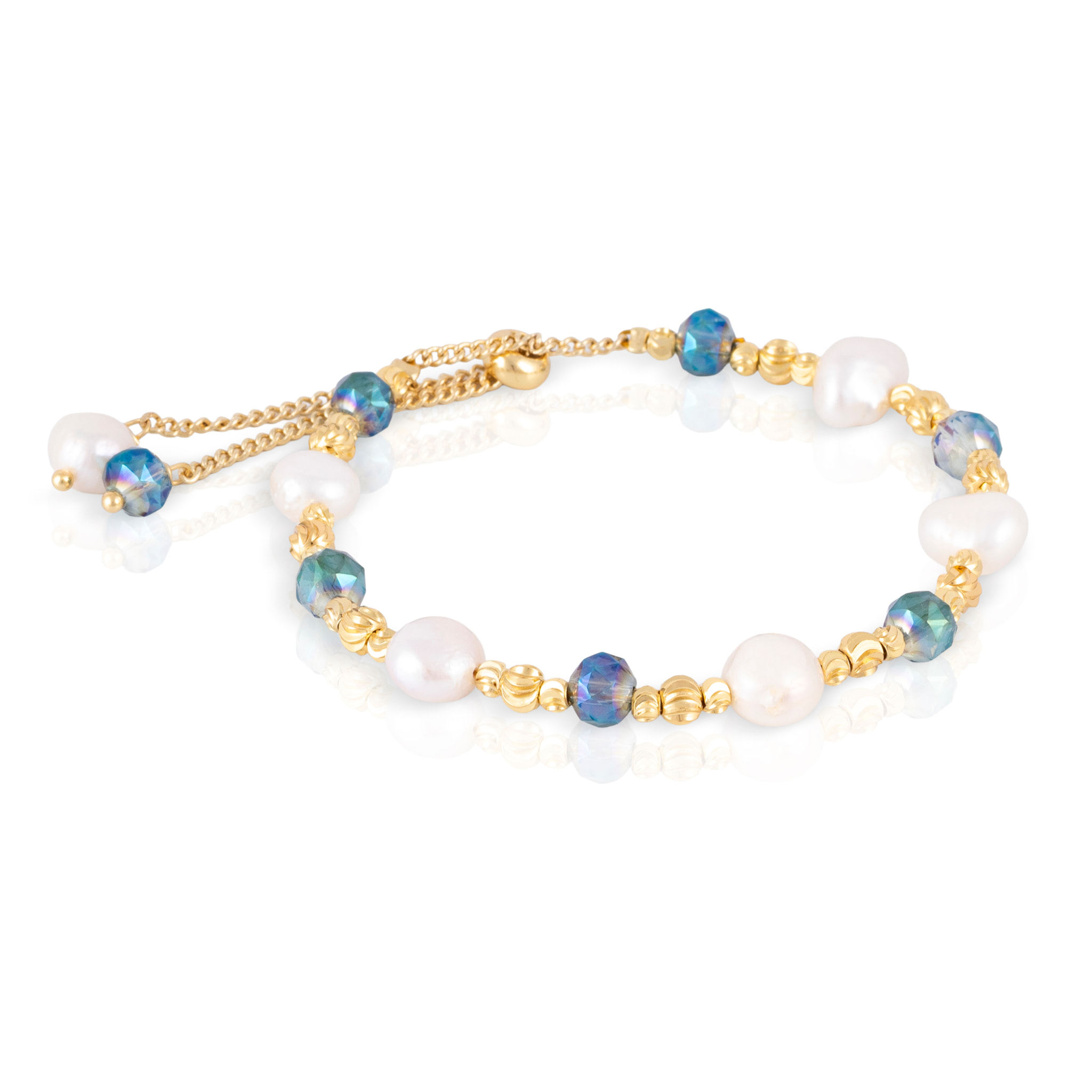 Pulsera ajustable de cuentas doradas, cristal brillante y perlas naturales.