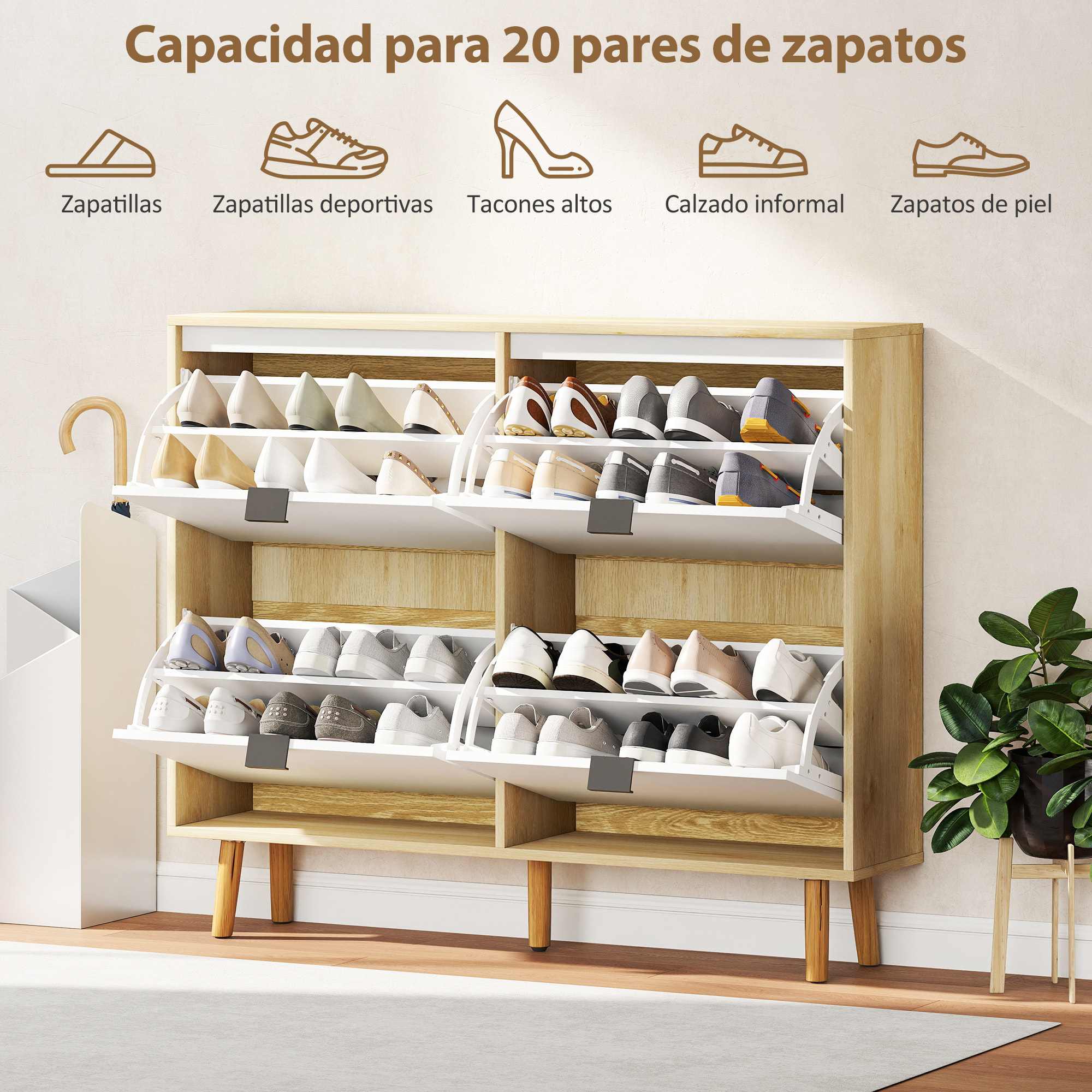 Zapatero Estrecho con 4 Puertas en Blanco Brillo, Zapatero Entrada Recibidor con Estantes Ajustables Patas de Madera, para 20 Pares de Zapatos, 105x24x92,5 cm Blanco