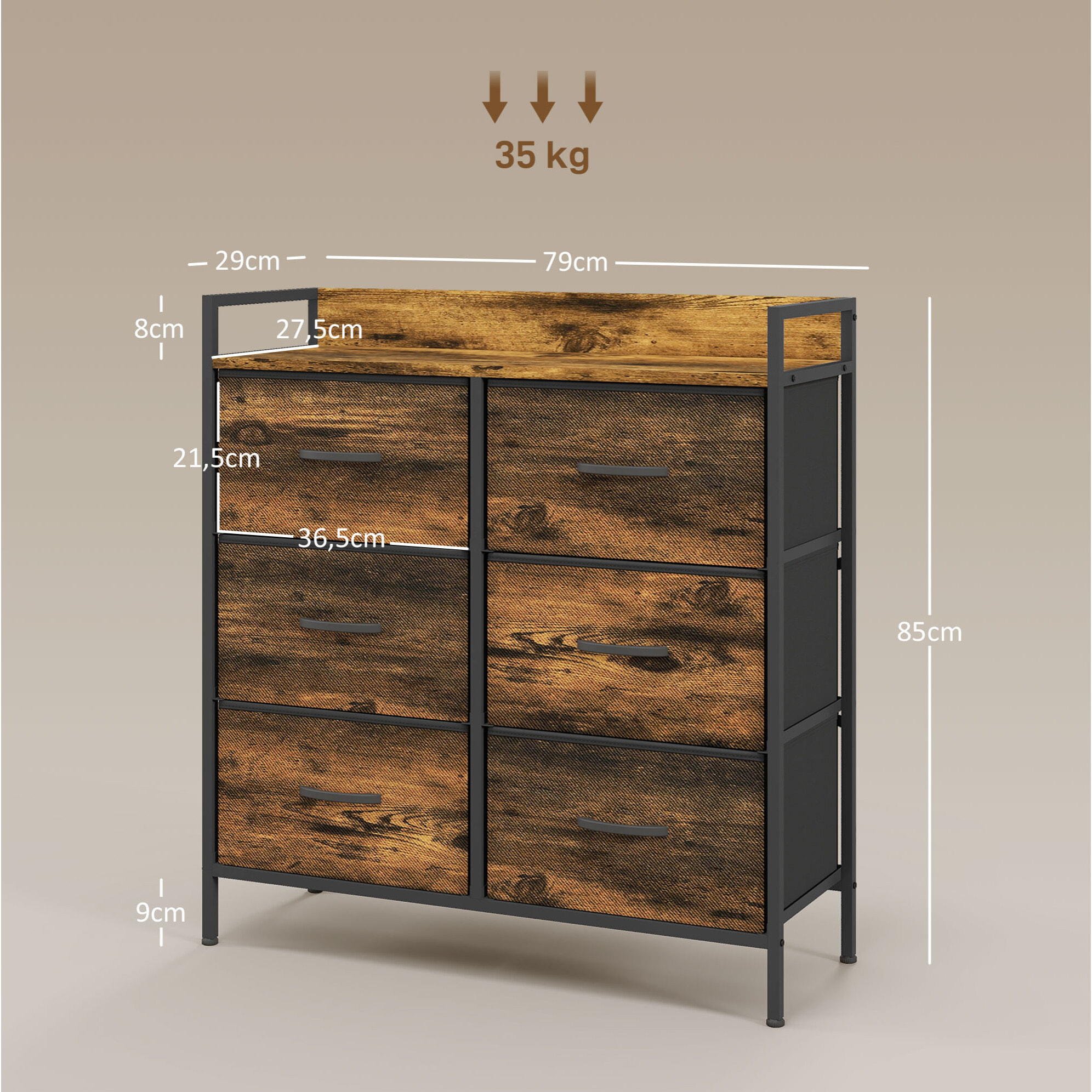 Cómoda con 6 Cajones Plegables, Cajonera de Tela con Estructura de Acero, Estilo Industrial, Cómoda para Dormitorio, Pasillo, Marrón Rústico