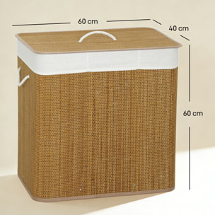 Panier à linge double 144L - corbeille à linge avec couvercle et poignées - tissage bambou naturel