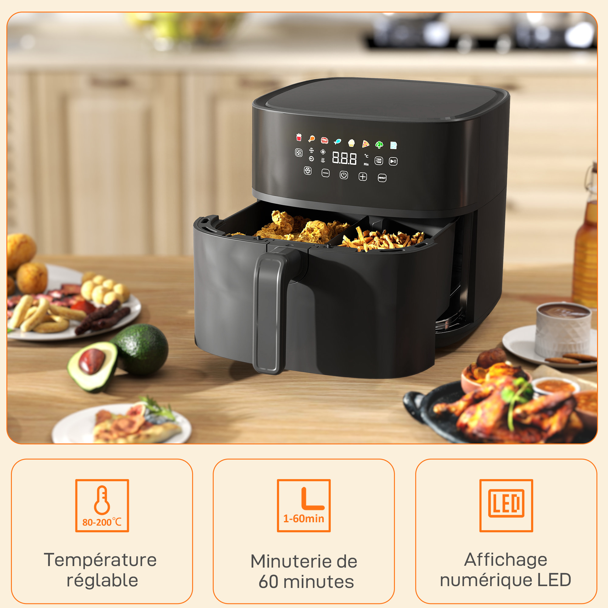 Friteuse à air friteuse sans huile air fryer 1700W 8L 8 prog. écran tactile LED multifonction noir