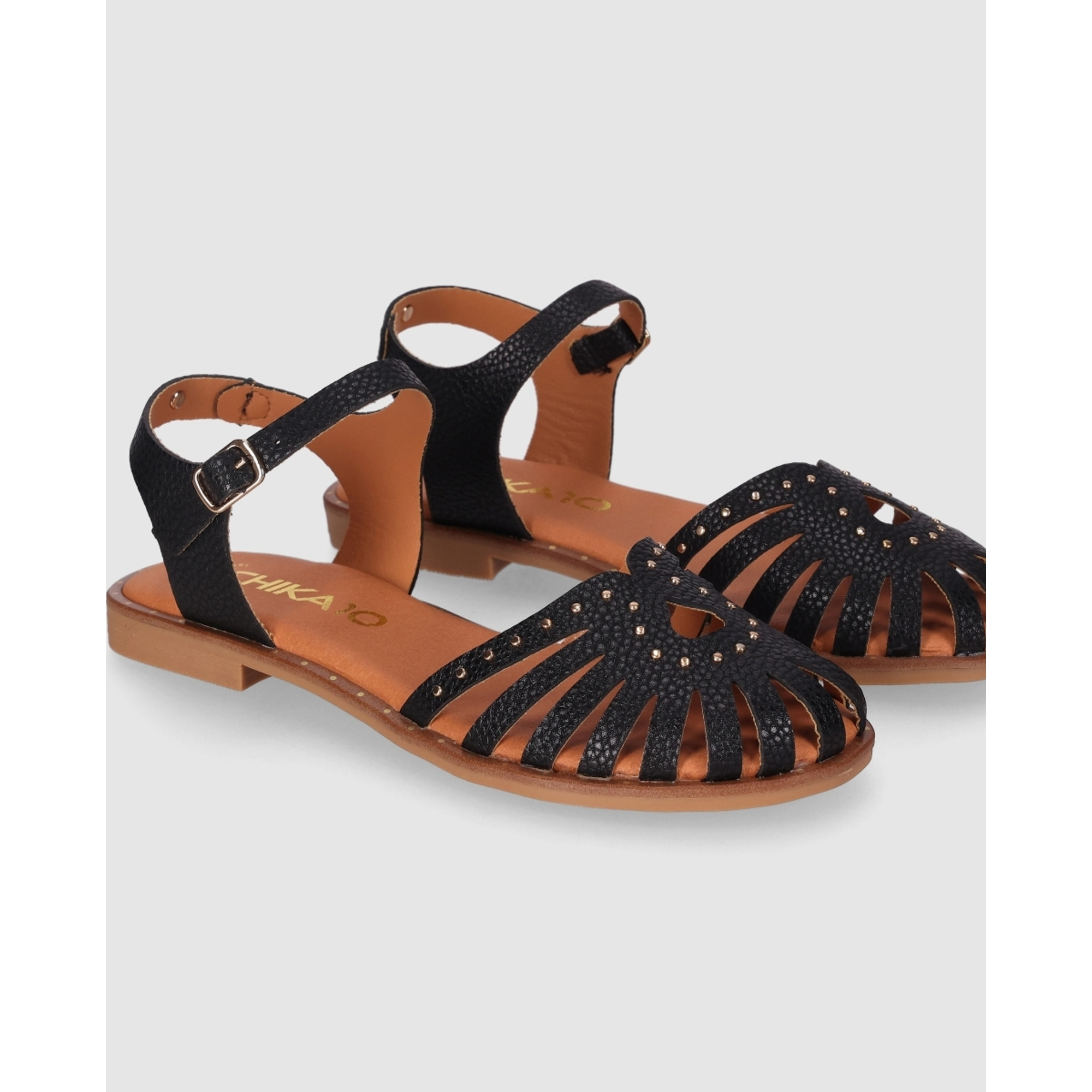 Sandalias de Piel - Negro - Tacón: Bajo