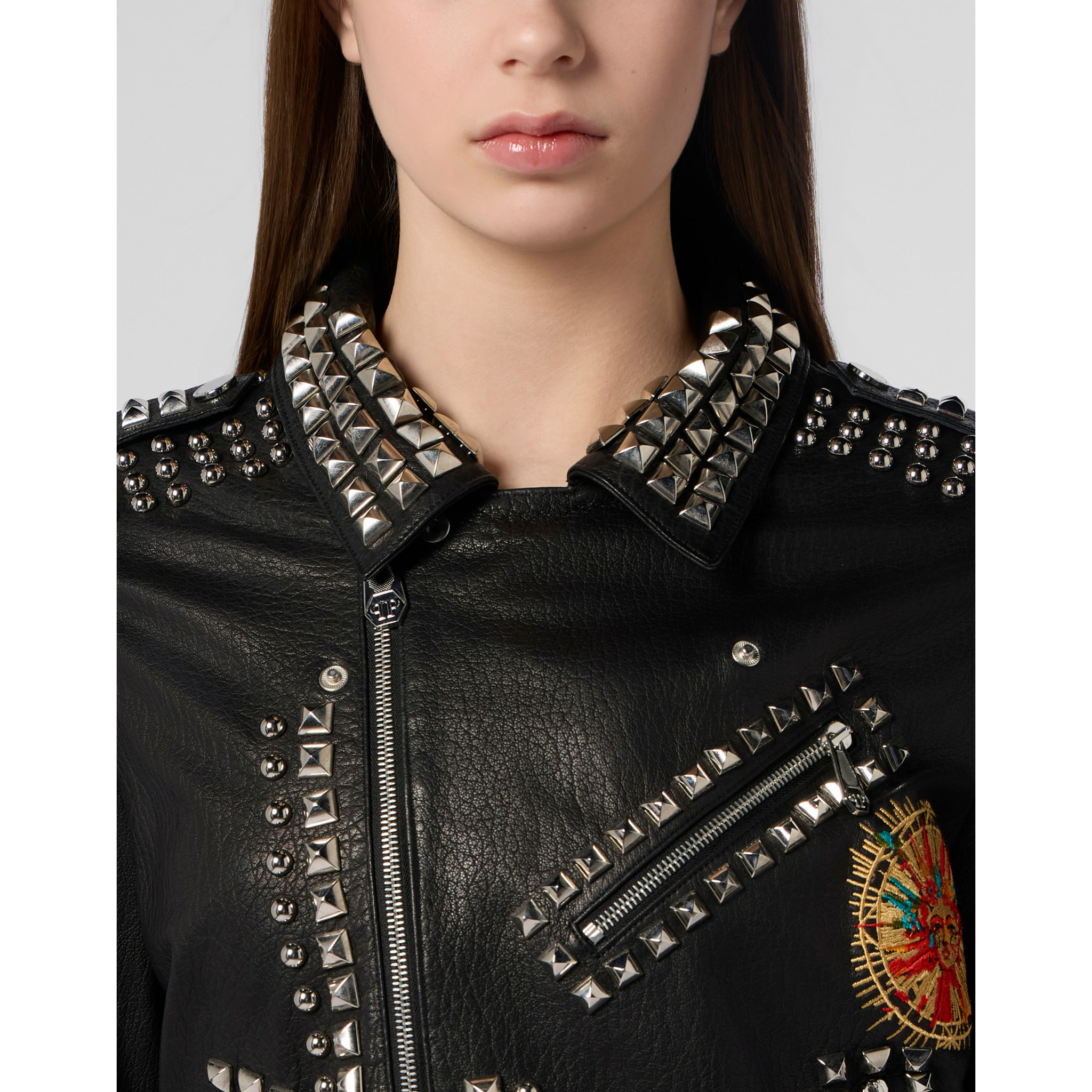 PHILIPP PLEIN Boxy Fit Biker Jacket Studs & Patches