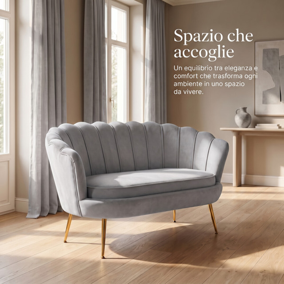Divano 2 Posti in Velluto con Schienale a Ventaglio, Seduta Imbottita dallo Stile Elegante per Soggiorno, Studio e Camera da Letto
