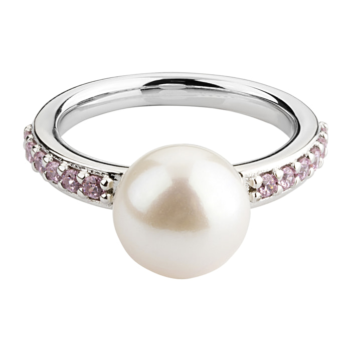 PERLAVIVA - Anello Solitario in Argento 925 placcato Oro Bianco 18Kt con Cubic Zirconia Rosa e Perla Bianca d'Acqua Dolce Ø 9 mm