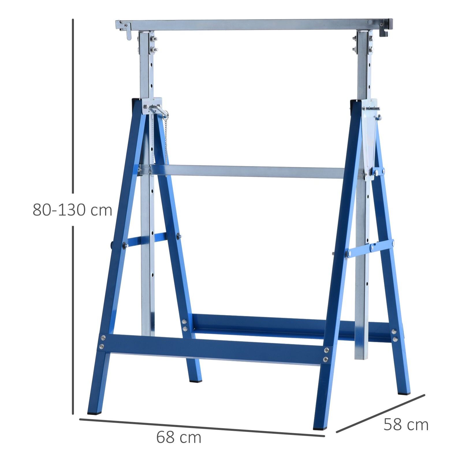 HOMCOM Set de 2 Caballetes Telescópicos Plegables con Altura Ajustable Caballetes de Sierra de Acero para Mesa y Trabajo de Bricolaje Carga 200 kg 68x58x80-130 cm Azul