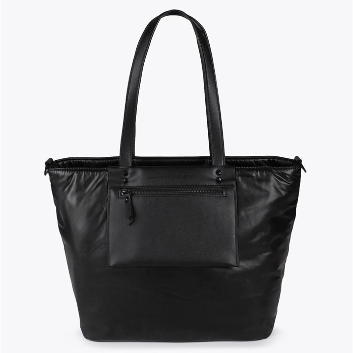 Shopper in Nylon Satinato con Dettagli Effetto Pelle