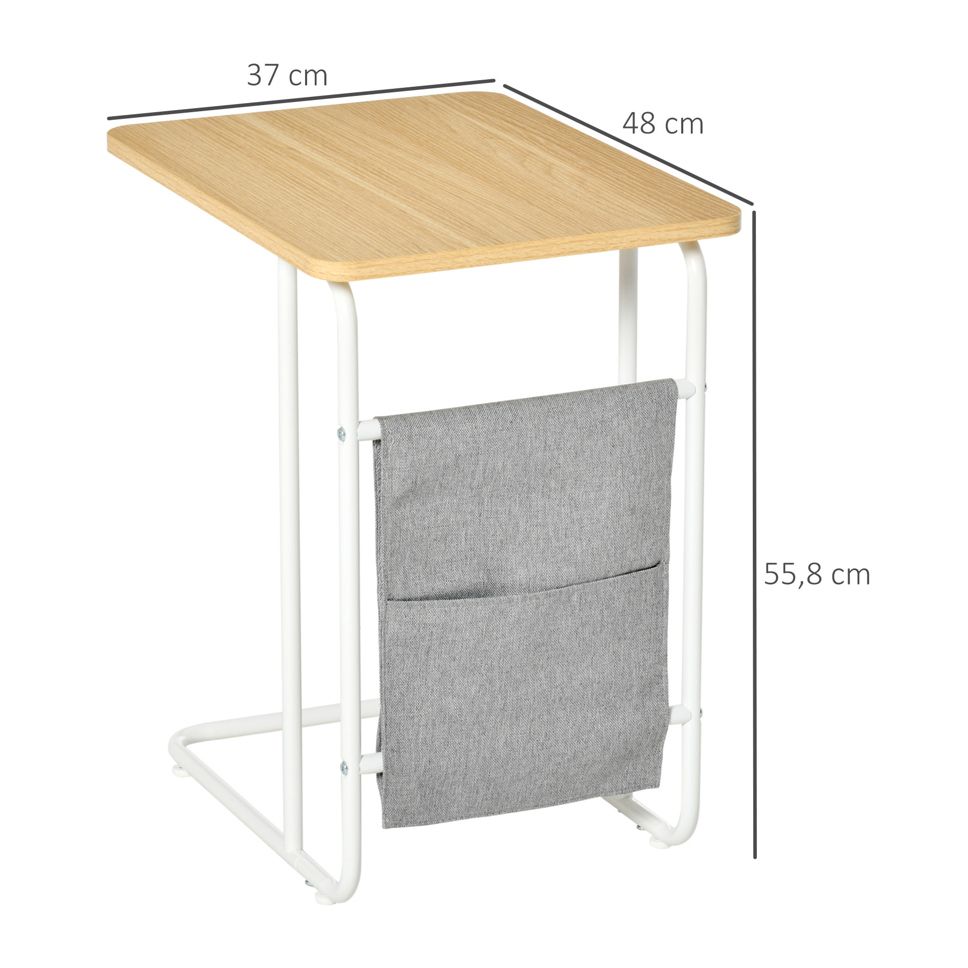 HOMCOM Mesa Auxiliar de Sofá en Forma de C con Bolsa de Almacenaje Extraíble Mesa Lateral para Salón Dormitorio Oficina 37x48x55,8 cm Roble y Blanco