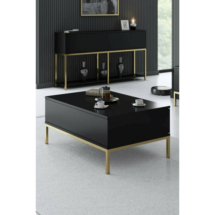Tavolino da salotto Vespero, Tavolo basso da caffè, Portariviste per divano, Ripiano da soggiorno, 90x60h40 cm, Nero e Oro