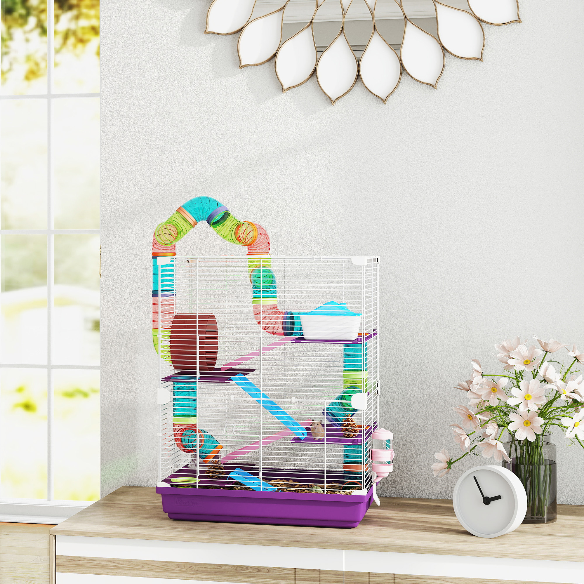 Cage pour hamster souris rongeur 4 étages avec tunnels mangeoire roue maison échelles dim. 46L x 30l x 58H cm violet