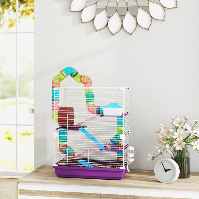 Cage pour hamster souris rongeur 4 étages avec tunnels mangeoire roue maison échelles dim. 46L x 30l x 58H cm violet
