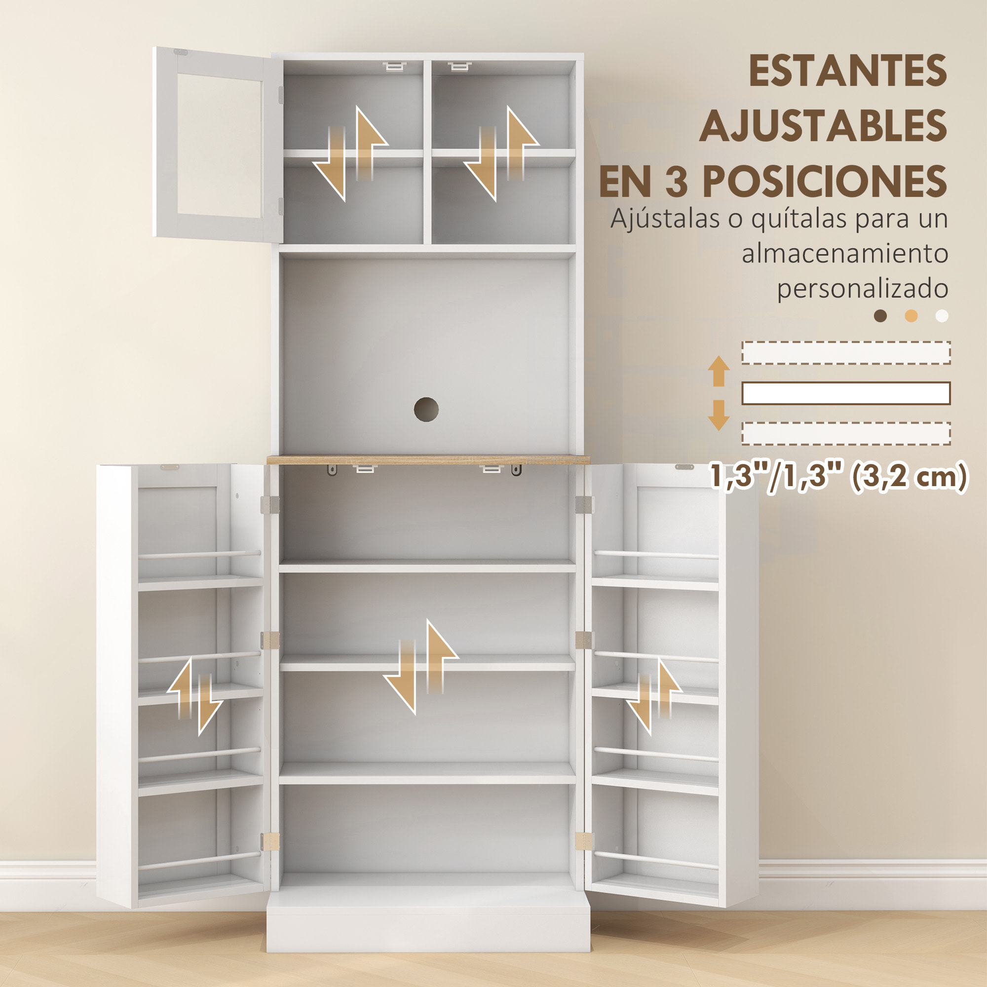 Alacena de Cocina Armario de Cocina Mueble Auxiliar de Cocina con 3 Puertas Estantes Ajustables y 8 Estantes en la Puerta para Comedor Salón 60x35x169 cm Blanco