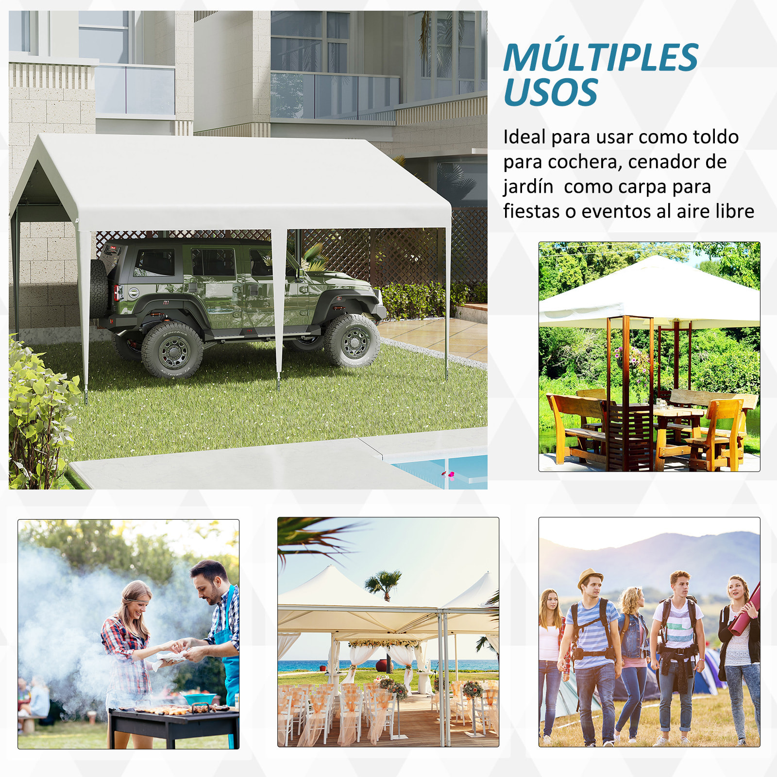 Carpa Garaje para Coche 4x4m Gazebo de Jardín con Accesorios para Fiestas Blanco