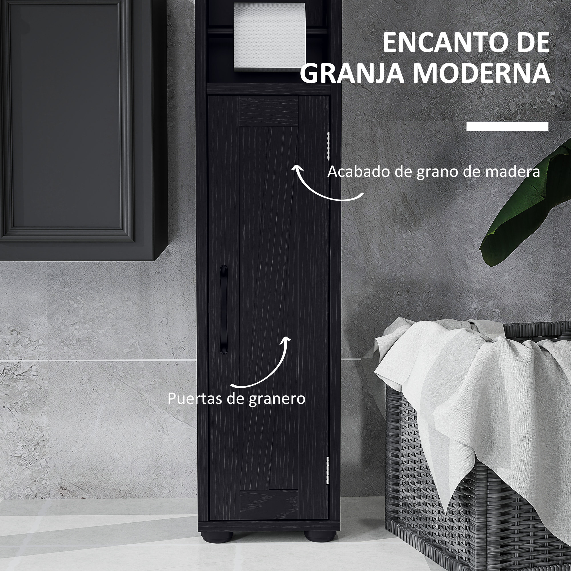 Columna de Baño Estrecha con 2 Puertas Armario Alto de Baño Rústico con Cajón Compartimento Abierto Estantes Ajustables y Portarrollos 20x20x185 cm Negro