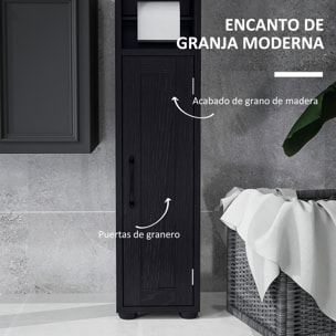 Columna de Baño Estrecha con 2 Puertas Armario Alto de Baño Rústico con Cajón Compartimento Abierto Estantes Ajustables y Portarrollos 20x20x185 cm Negro