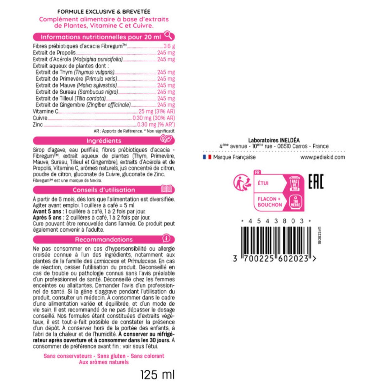 PEDIAKID - Sirop Nez-Gorge - Complément Alimentaire Naturel - Formule Exclusive au Sirop d'Agave - Confort Respiratoires - Arôme Naturel Miel-Citron - Lot de 3 sirops de 125ml
