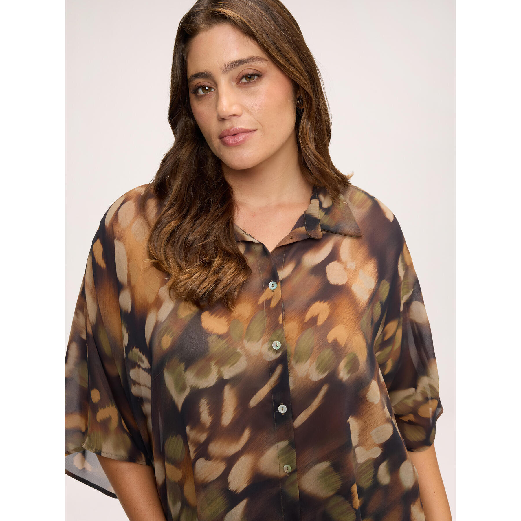 Fiorella Rubino - Blusa kimono con stampa in georgette - Marrone