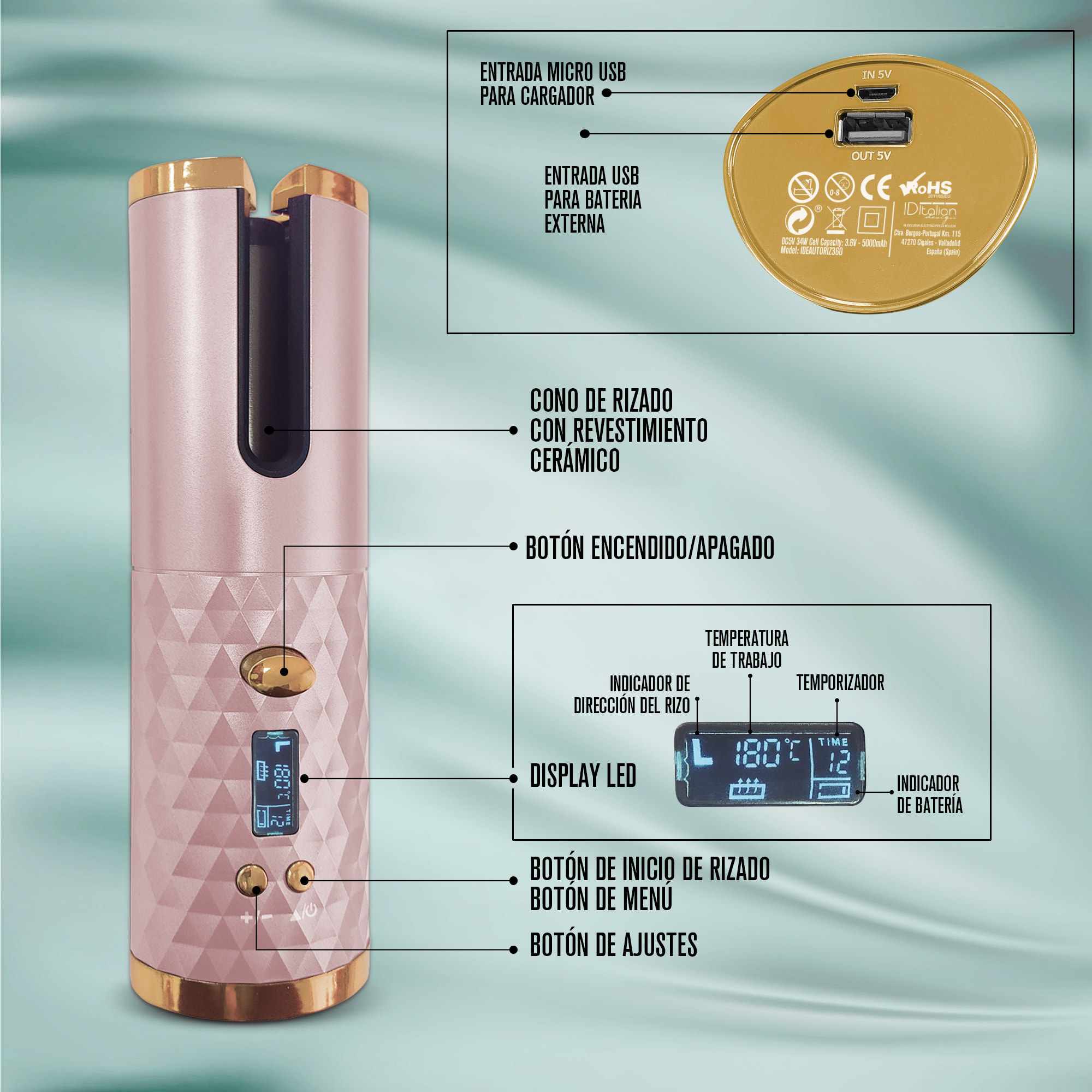 Fer à friser automatique sans fil Diamond Curl - Rose et Or - 34 W