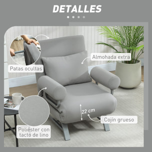 Sofá Cama de 1 Plaza 3 en 1, Sofá Cama Plegable Tapizado en Lino Sintético con Respaldo Ajustable de 5 Niveles y Almohada Acolchada, para Oficina, Dormitorio, Salón, 73x78x81 cm, Gris Claro