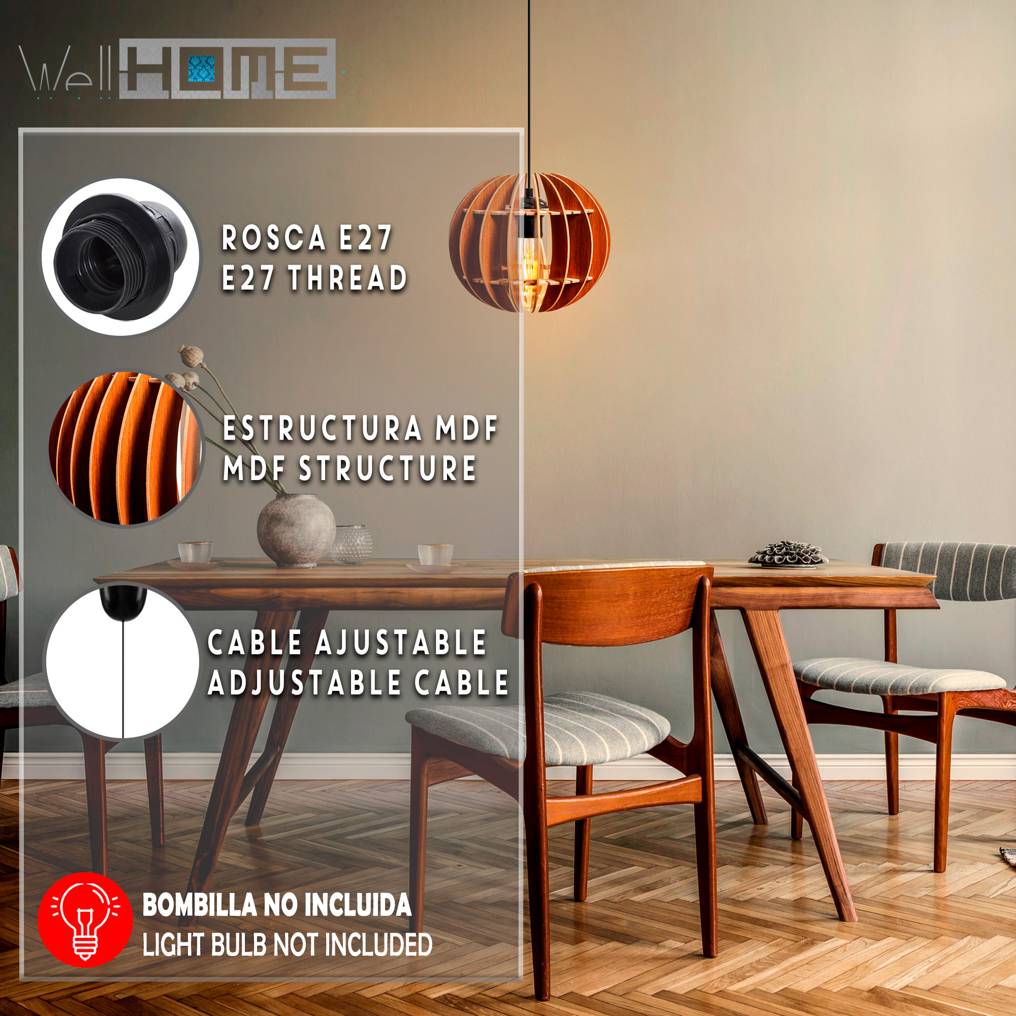 Lámpara de techo 60 cm. nogal, tipo E 27 Max 45 - 60 W