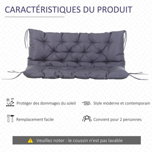 Coussin matelas assise dossier pour banc de jardin balancelle canapé 2 places grand confort 120 x 110 x 12 cm gris