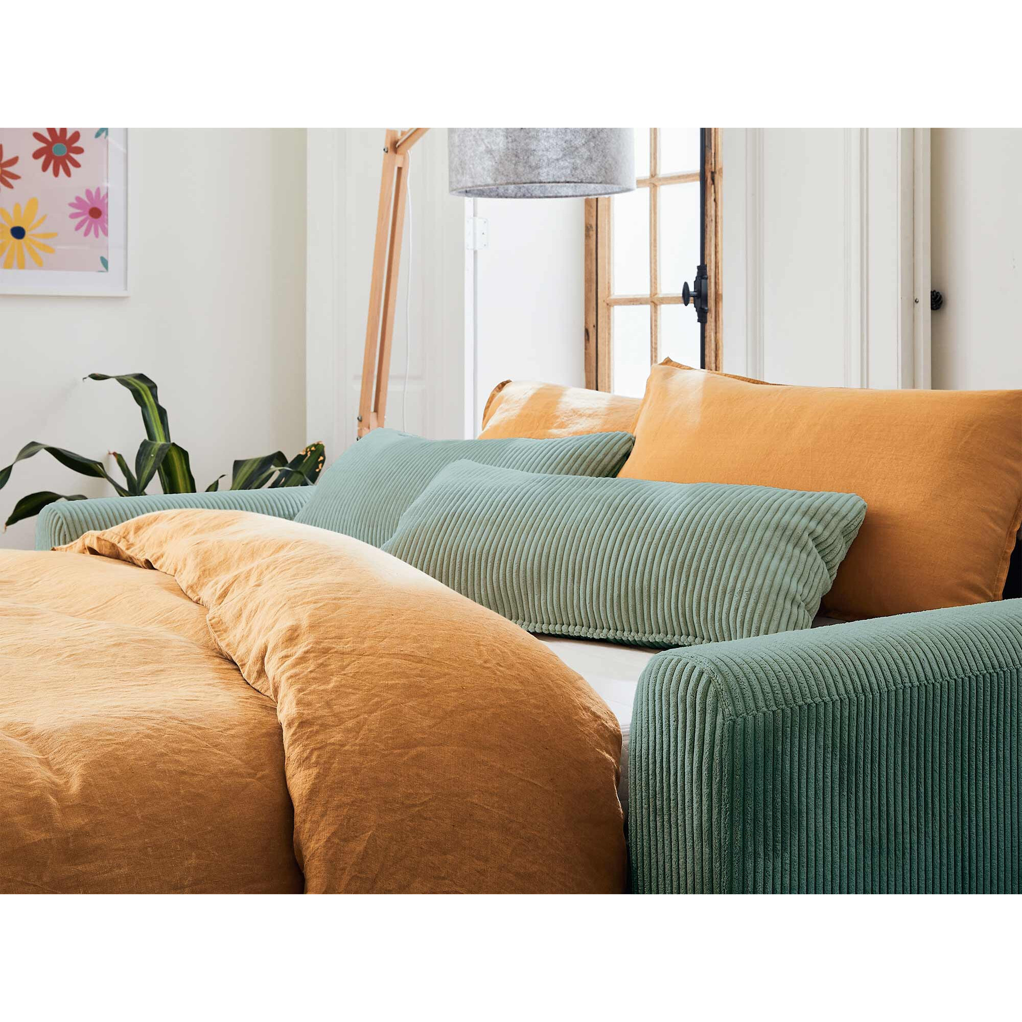 Owen - canapé lit 3 places convertible express couchage quotidien 140 cm matelas 12 cm en velours côtelé - Bleu