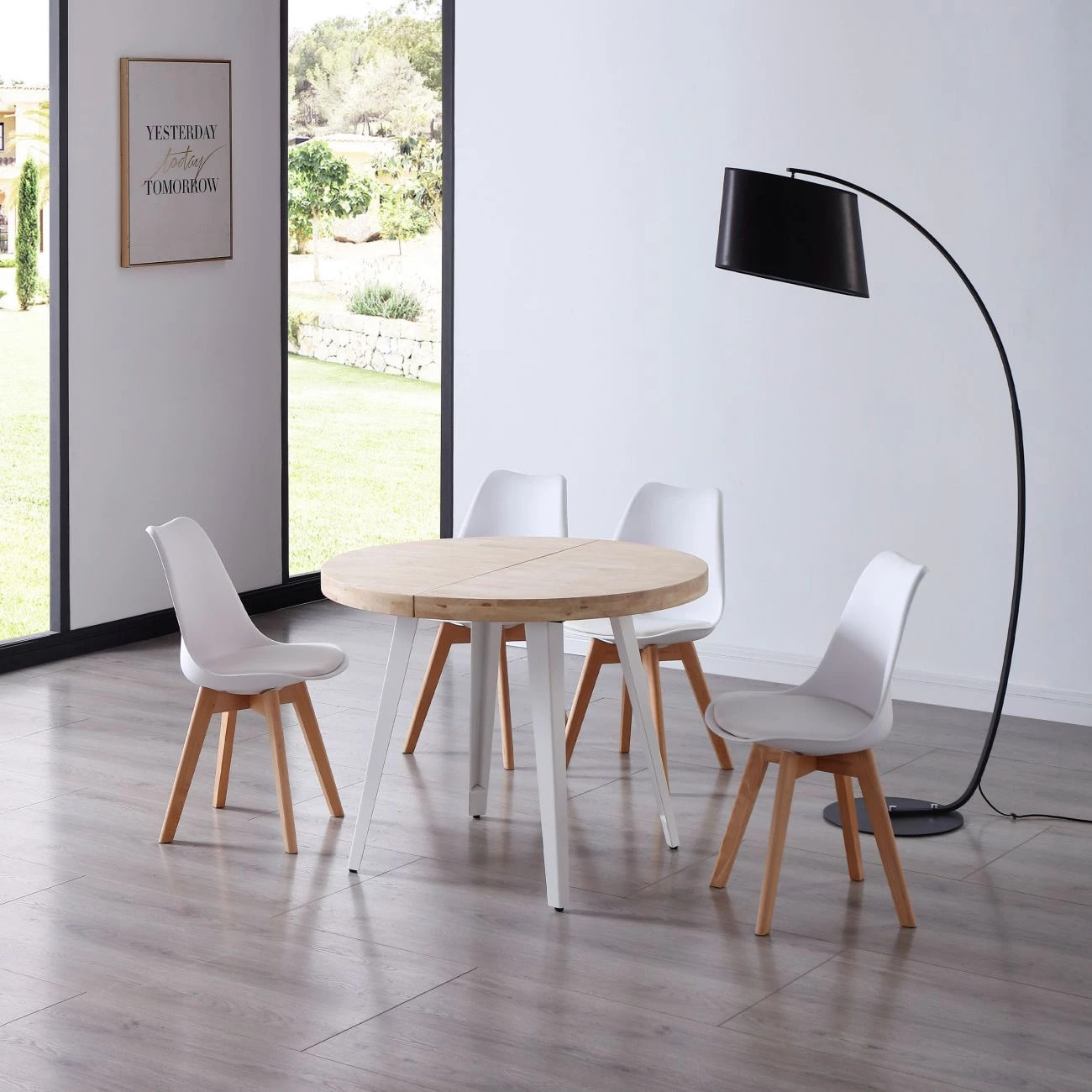 Mesa de comedor redonda extensible en blanco y roble 100-180x100 cm Berg Blanco - Roble