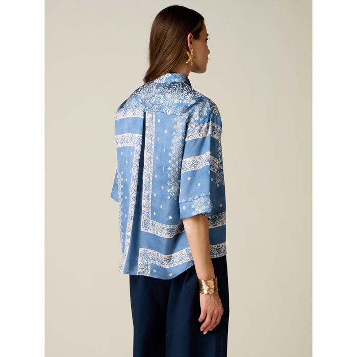 Oltre - Camicia in raso fantasia - Azzurro