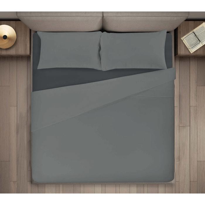 COMPLETO LENZUOLA LETTO SIGNOLO TINTA UNITA BICOLOR GRIGIO SCURO