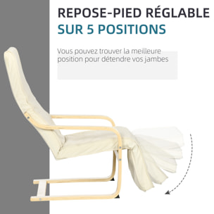 Fauteuil style nordique - repose-pied réglable - déhoussable - bois de bouleau tissu crème