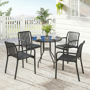 Juego de 4 Sillas de Jardín Exterior Apilables, Sillas Terraza Exterior de PP con Respaldo Curvado, Asiento de Listones, Reposabrazos, 55x58,5x81,5 cm, Negro