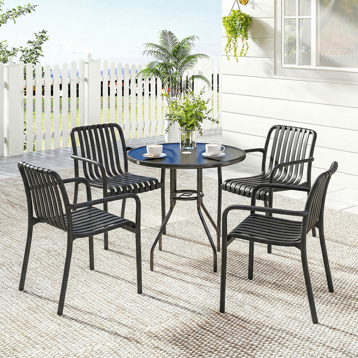 Juego de 4 Sillas de Jardín Exterior Apilables, Sillas Terraza Exterior de PP con Respaldo Curvado, Asiento de Listones, Reposabrazos, 55x58,5x81,5 cm, Negro