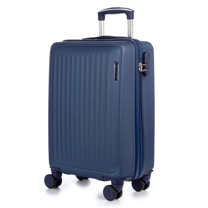 Valigia da cabina Trolley in materiale leggero ABS ad alta resistenza. Chiusura combinata e 4 ruote doppie rimovibili e girevoli a 360°.
