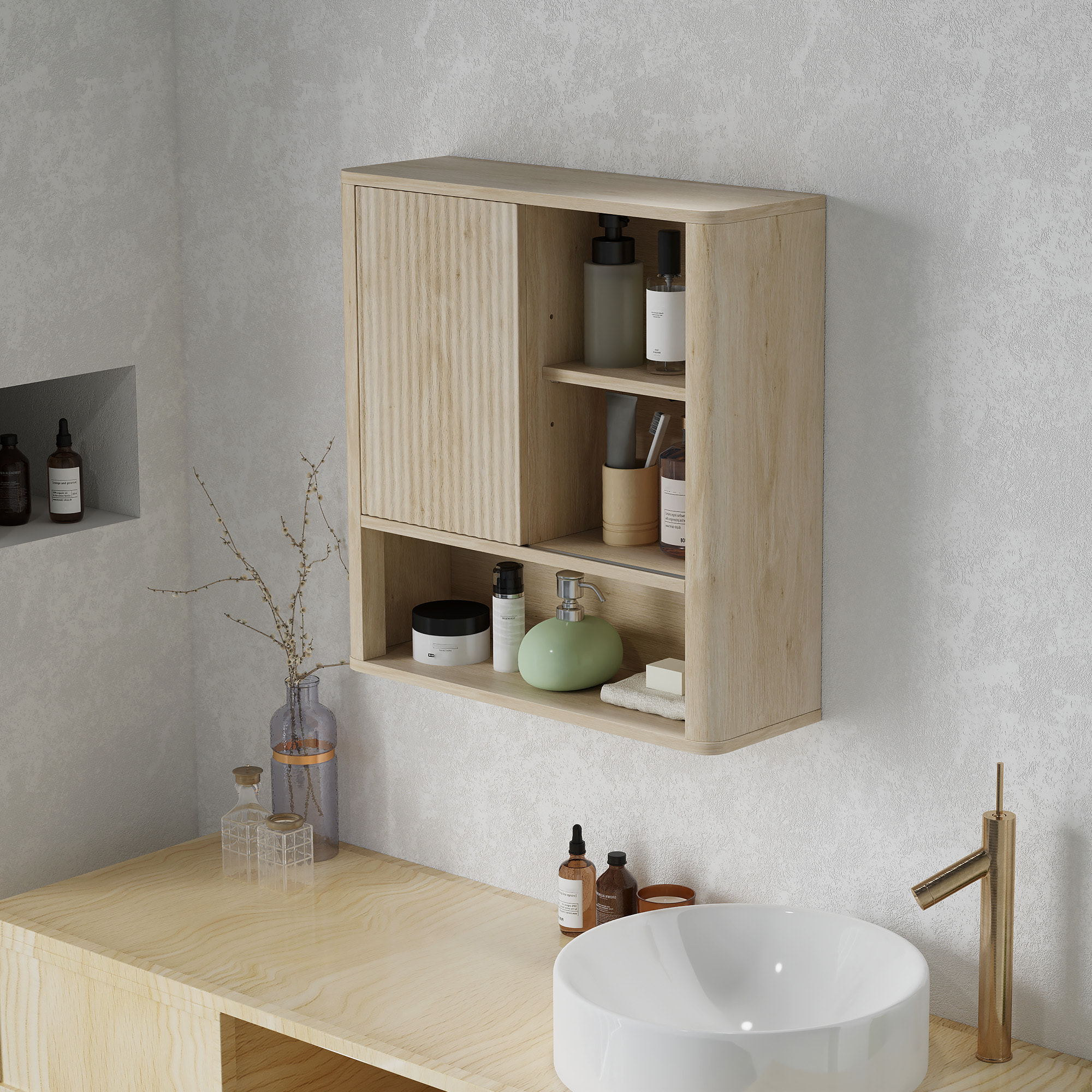 Armoire murale de salle de bain style bohème chic - porte coulissante, étagère, niche - effet bois clair