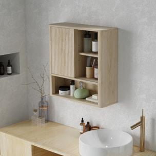 Armoire murale de salle de bain style bohème chic - porte coulissante, étagère, niche - effet bois clair