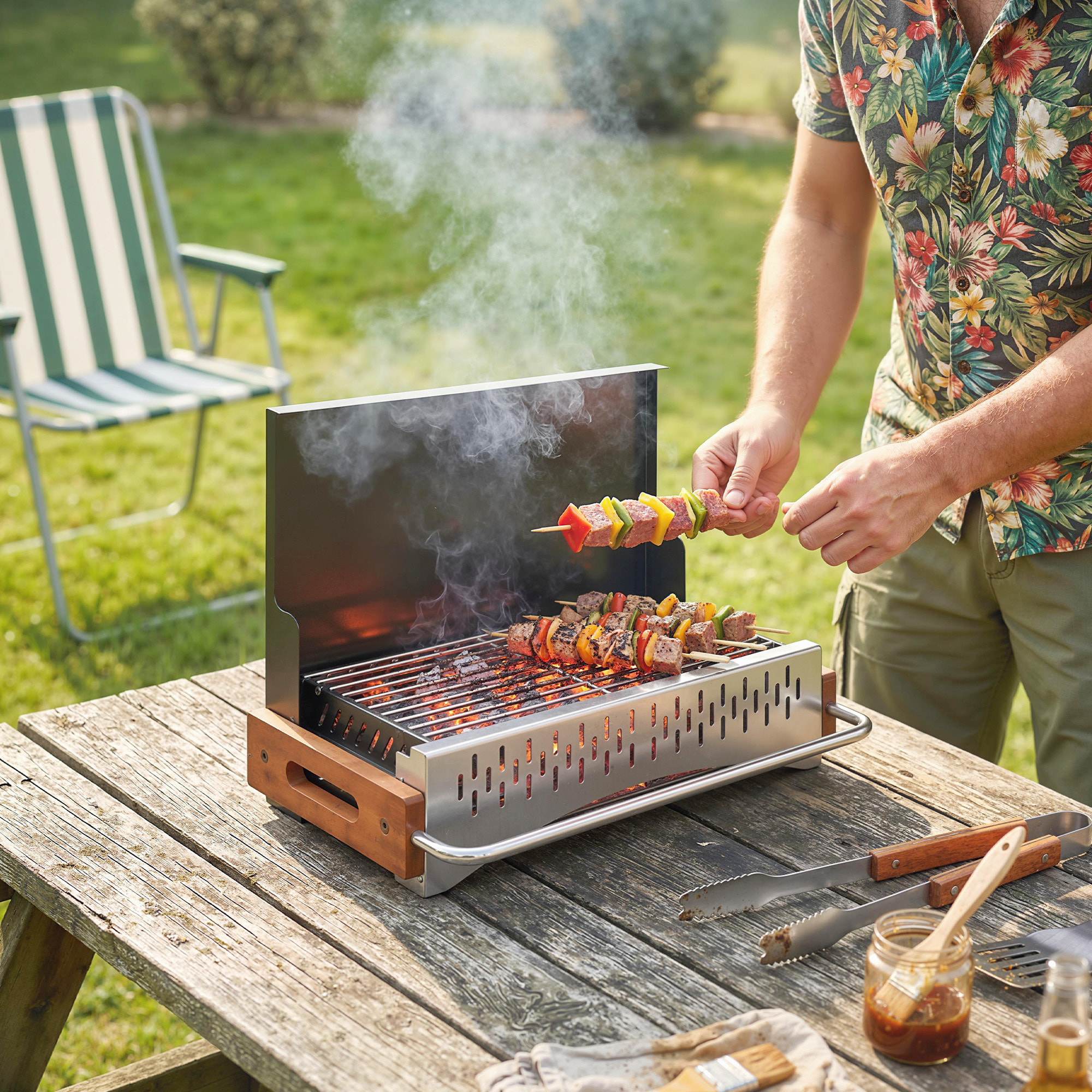Barbacoa de Carbón Plegable, Barbacoa Portátil, 50,5x34x33 cm, con Bandeja de Carbón Extraíble, para Camping, Picnic, Fiesta en Jardín, Negro