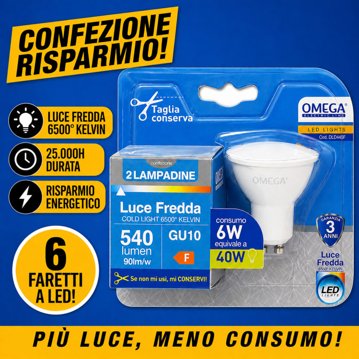 OMEGA Set 6 Faretti LED 6W 540LM GU10 6500K