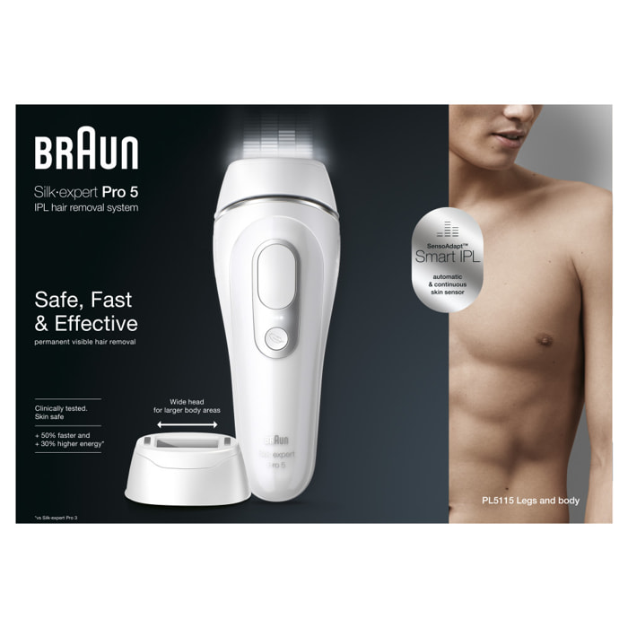Braun IPL 5 (Épilateur A Lumière Pulsée) Pour Homme - Avec Rasoir et Trousse de Rangement - Blanc/Argent