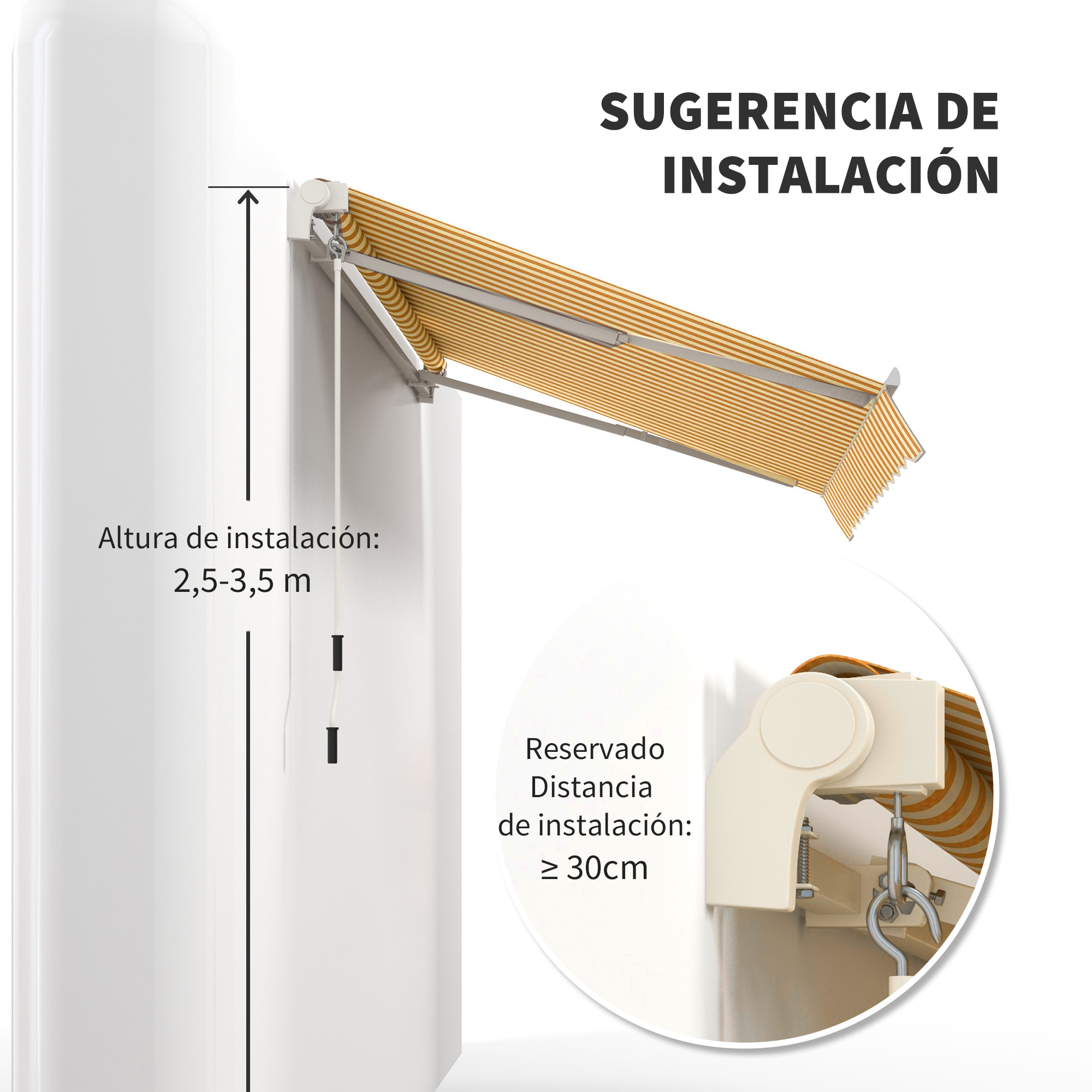 Toldo Manual Retráctil 350x250 cm, Toldo Exterior Terraza con Ángulo Ajustable, Brazo Articulado, Montaje a Pared, Estructura de Aluminio, Anti-UV e Impermeable, para Jardín, Naranja