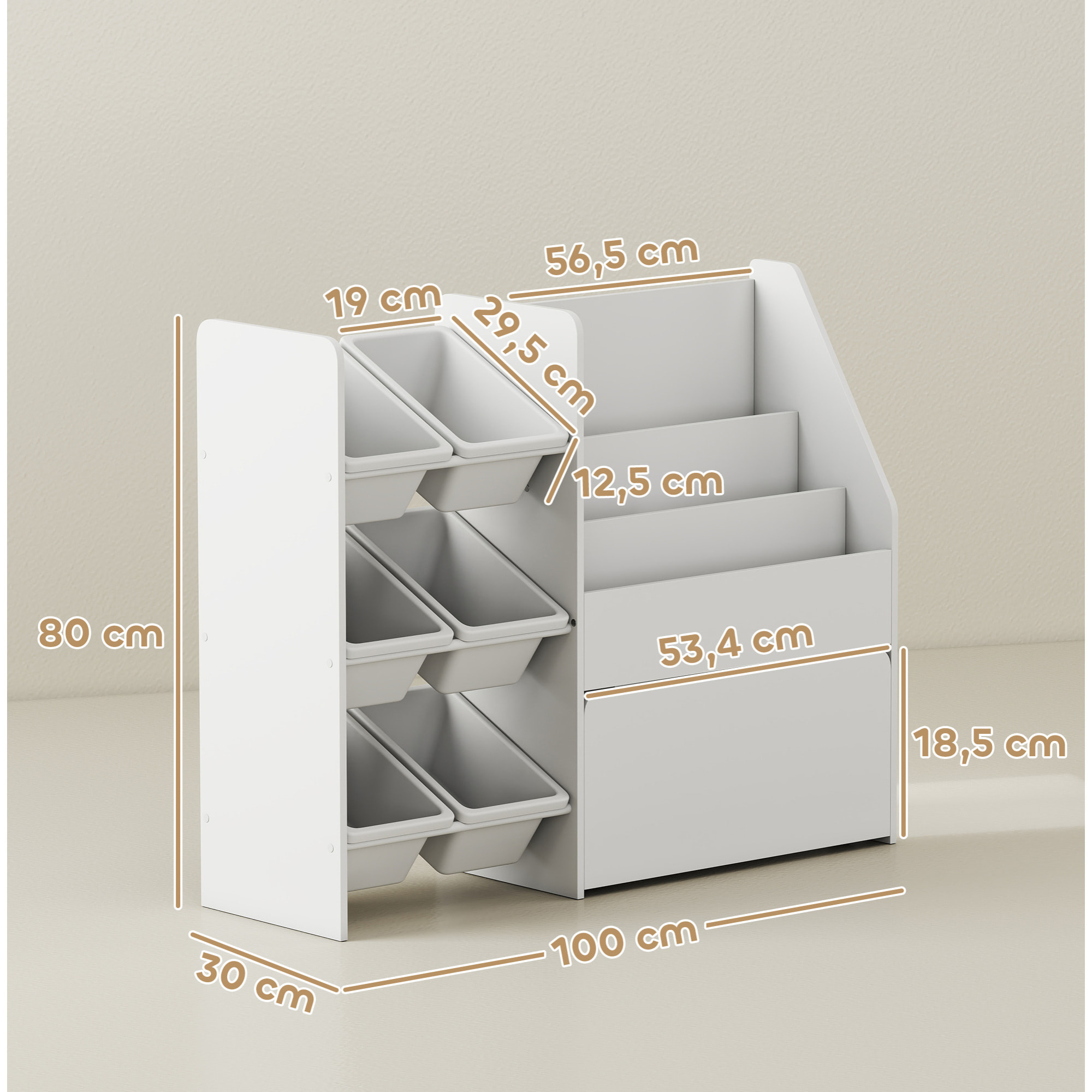 Estantería Infantil para Juguetes, con 6 Cajas Extraíbles, 3 Estantes Abiertos y Cajón Inferior con Ruedas, Organizador de Juguetes para Dormitorio, Sala de Juegos, Guardería, Blanco