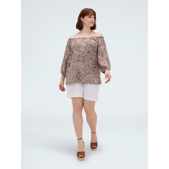 Fiorella Rubino - Blusa off shoulders con stampa - Marrone
