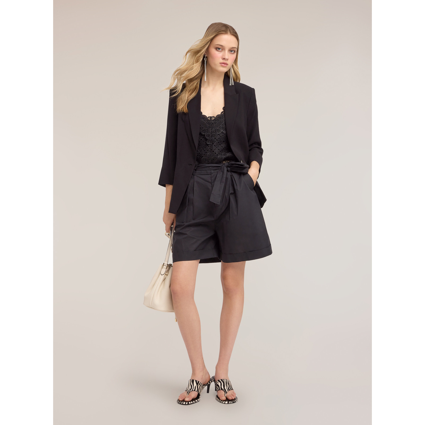 Motivi - Blazer monopetto in tencel con pizzo - Nero