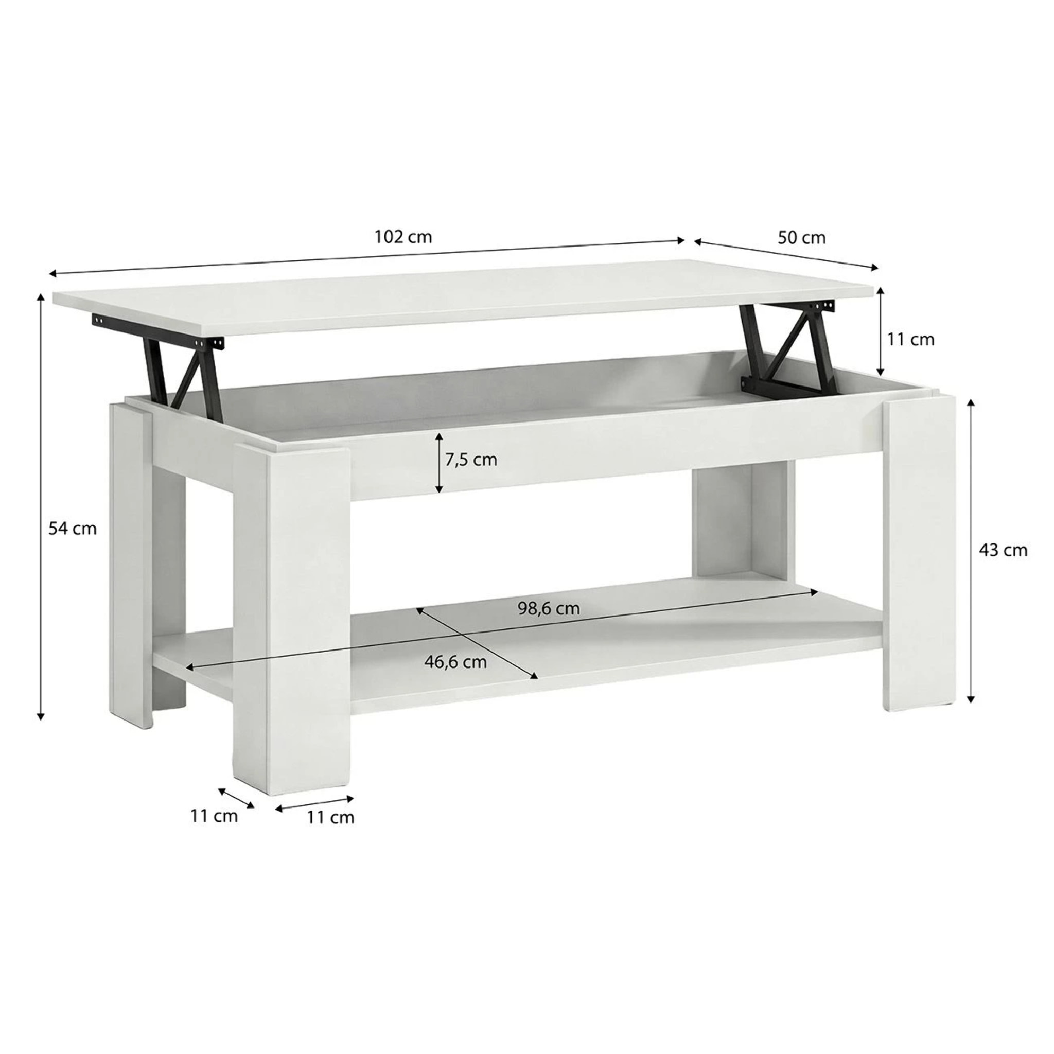 Mesa de centro elevable con almacenaje en blanco mate 102x43-54 cm Lya Blanco Artik (Blanco Mate)